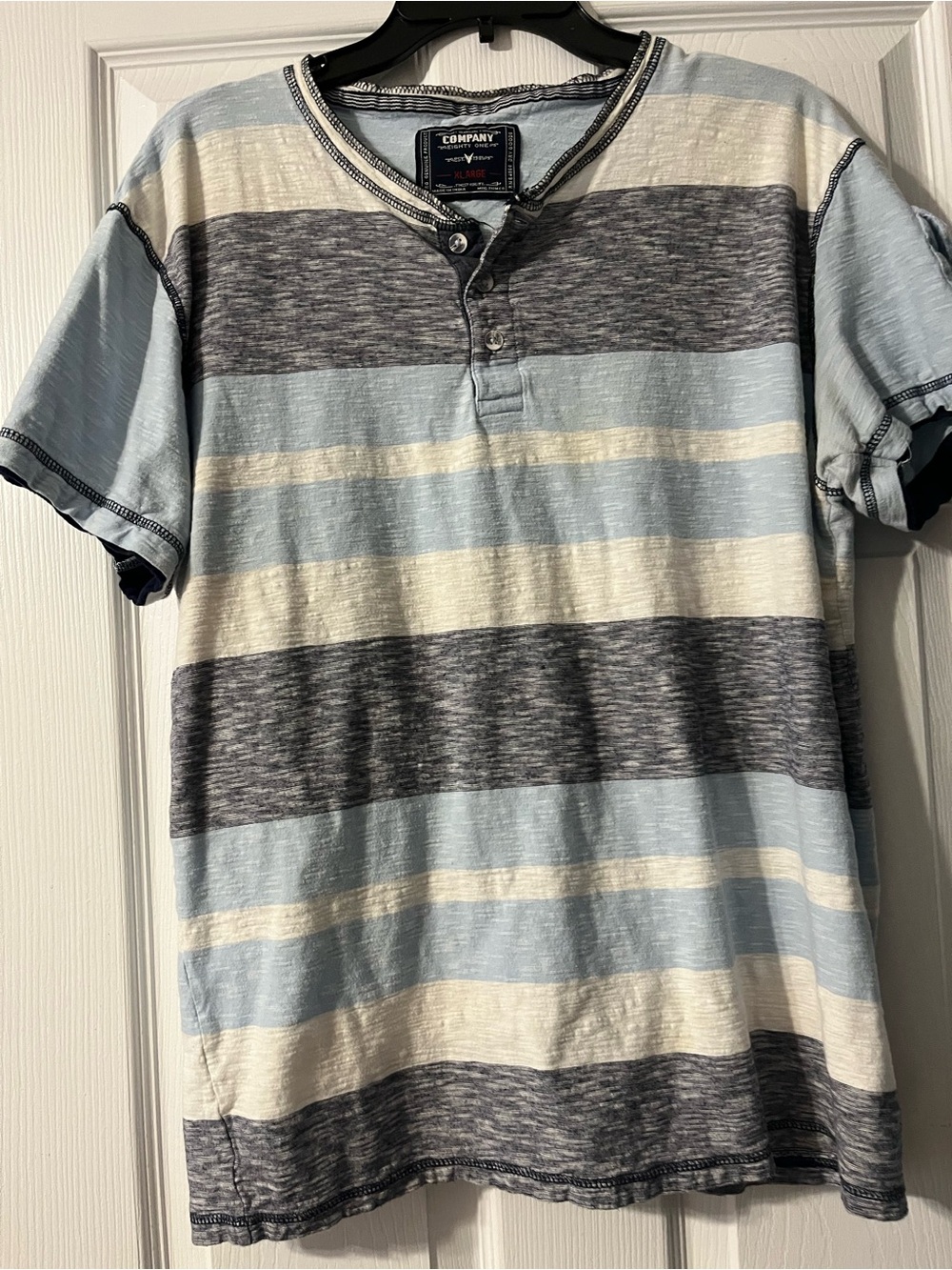 Men’s Striped Short-Sleeve Henley Shirt in Light Blue, Gray & Cream